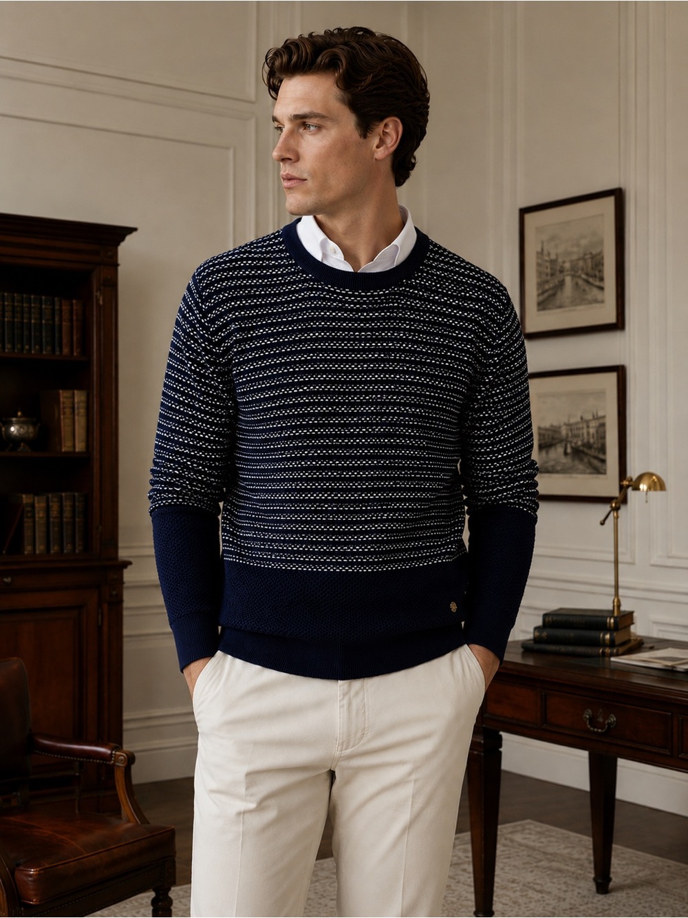 Scotch & Soda Open Knit Sweater Men XL Preppy Old Money Coastal Navy Fisherman